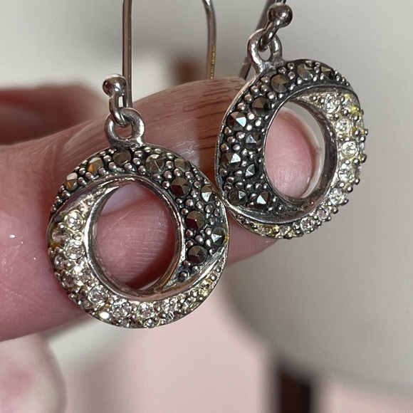 Vintage 1980's 90's sterling silver marcasite diamond art deco dangle earrings - Picture 7 of 16
